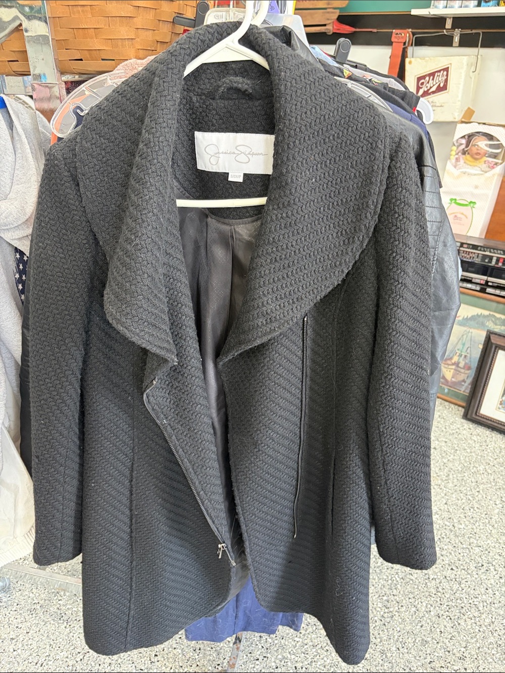 Jessica Simpson Black Textured Shawl-Collar Trench Coat with Zip